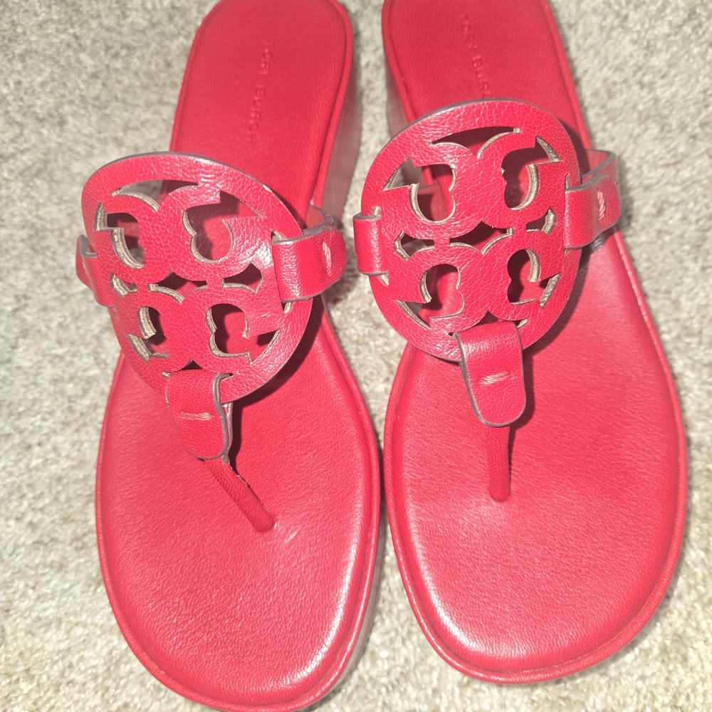 Tory Burch RED Miller Logo Platform Wedge Thong Sandals Like New